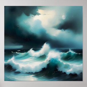 Affiche Belle peinture cool Bleu Océan avec vagues
