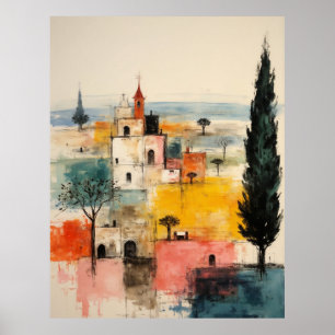 Affiche Belle peinture de ville ancienne petite Ochre roug