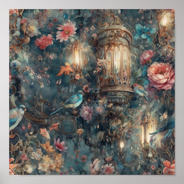 Affiche Belle Période Rococo Jardin Oiseaux Et Fleurs (Devant)