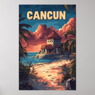 Affiche Belle plage de Cancun Mexique Illustration Voyage
