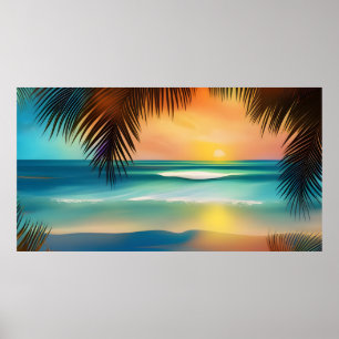 Affiche Belle plage tropicale sable océan palmiers