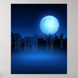 Affiche Belle pleine lune la nuit sur la ville