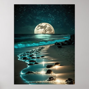 Affiche Belle Pleine lune Plage Océan étoile Nuit