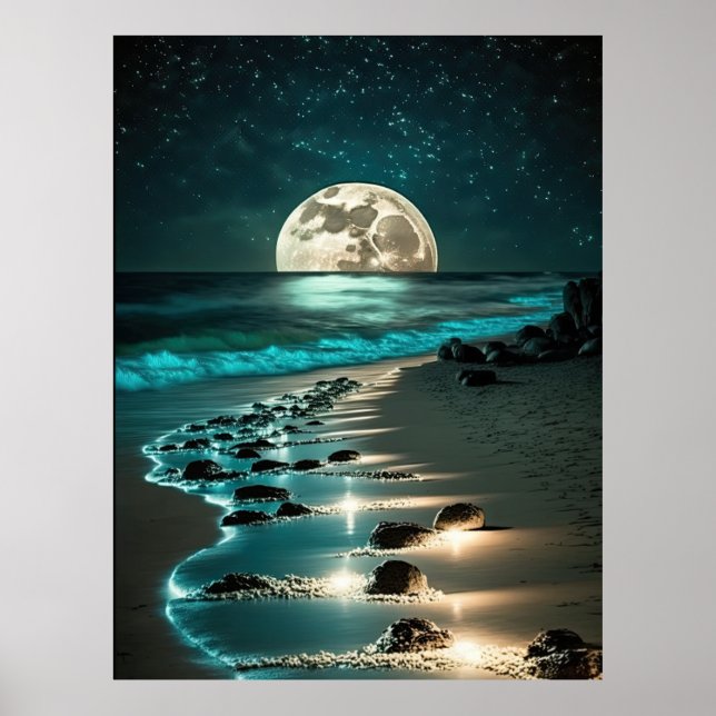 Affiche Belle Pleine lune Plage Océan étoile Nuit (Devant)
