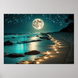 Affiche Belle Pleine lune Plage Océan étoile Nuit