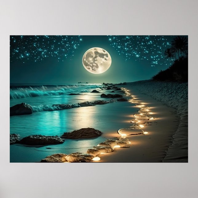 Affiche Belle Pleine lune Plage Océan étoile Nuit (Devant)