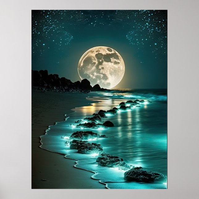 Affiche Belle Pleine lune Plage Océan étoile Nuit (Devant)