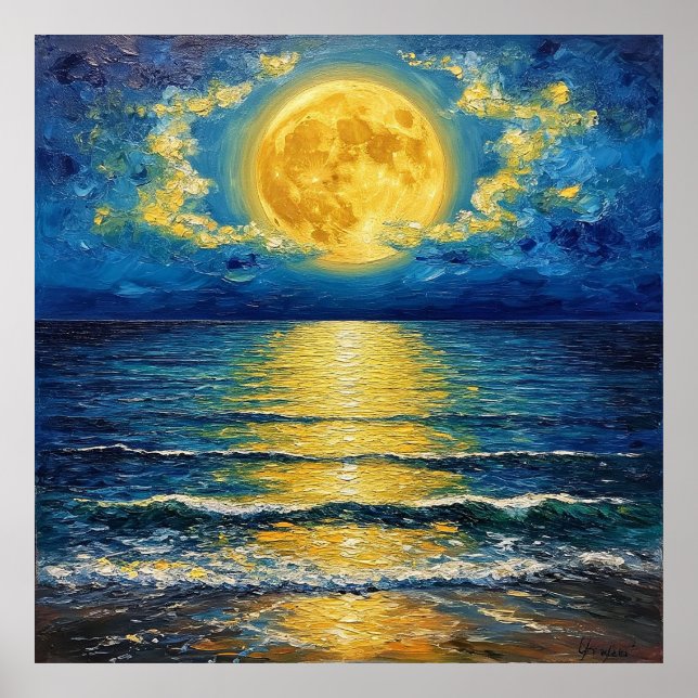 Affiche Belle pleine lune se reflétant sur les vagues de l (Devant)