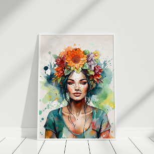 Affiche Belle Portrait de fille avec des fleurs dans la tê
