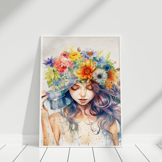 Affiche Belle Portrait de fille avec des fleurs dans la tê (Beautiful Girl Portrait with Flowers in Her Head Poster in white frame against white wall.)