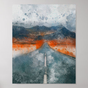 Affiche belle route avec montagnes paysage peinture