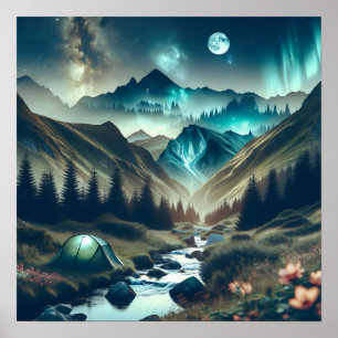 Affiche Belle scène de Camping avec Montagnes et Tente