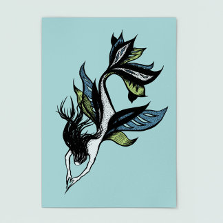 Affiche Belle Sirène Gothique Bleue Vert Encre Dessin