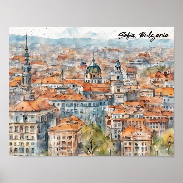 Affiche Belle Sofia Bulgarie Peinture Aquarelle Ville (Devant)