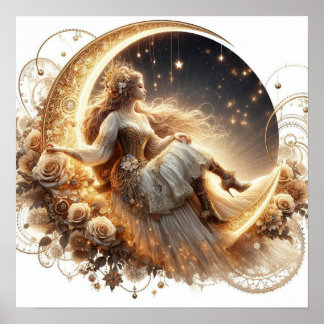 Affiche Belle Steampunk Woman sur la Lune