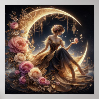 Affiche Belle Steampunk Woman sur la Lune