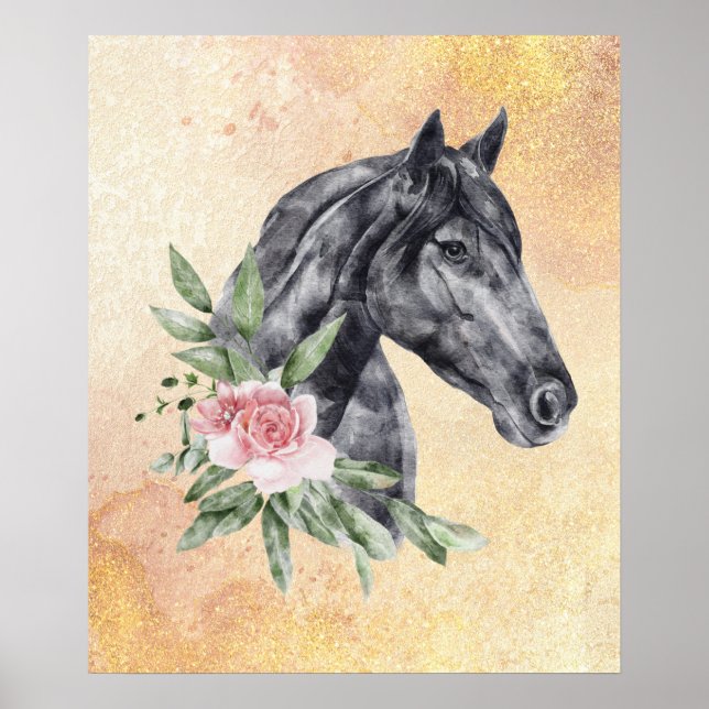 Affiche Belle tête de cheval noir Portrait d'aquarelle (Devant)