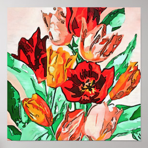 Affiche Belle Tulipes Bouquet Floral Black Outline Art