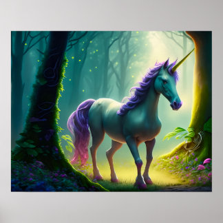 Affiche Belle Unicorne debout dans la Forêt.