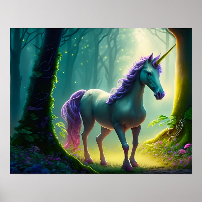 Affiche Belle Unicorne debout dans la Forêt. (Devant)