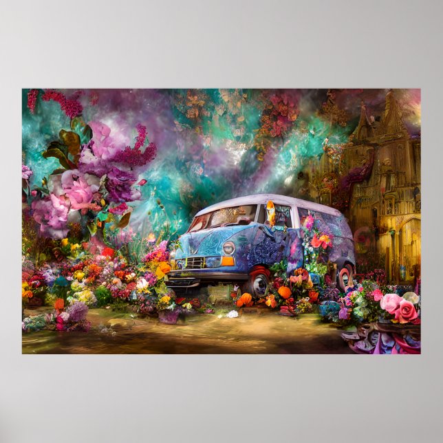 Affiche Belle vieille fourgonnette Combi turquoise avec fl (Devant)