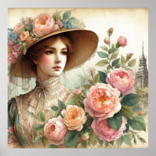 Affiche Belle Vintage Anglaise Victorienne Dame et Rose