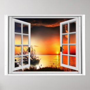 Affiche Belle vue sur le coucher de soleil Fausse fenêtre