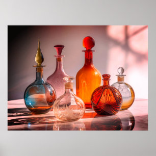 Affiche Belles Anciennes Bouteilles en Verre Fond Noir Mur