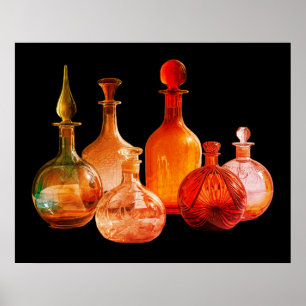 Affiche Belles Anciennes Bouteilles en Verre Fond Noir Mur