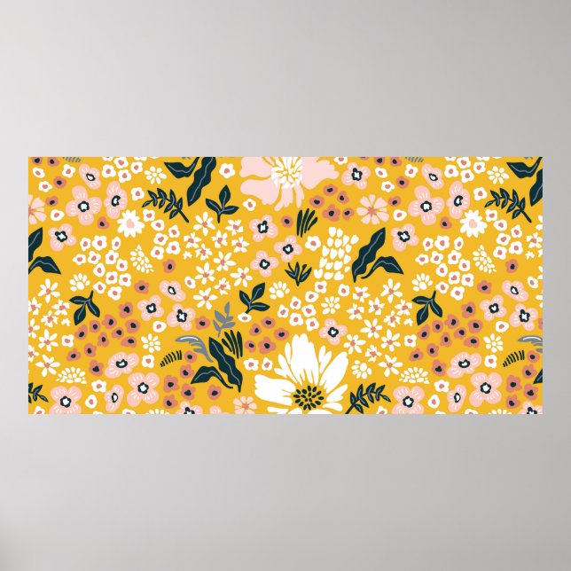 Affiche Belles fleurs de jardin sur arrière - plan jaune.  (Devant)
