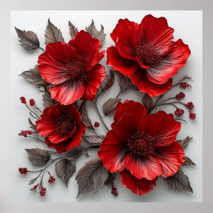 Affiche Belles fleurs et feuilles rouges
