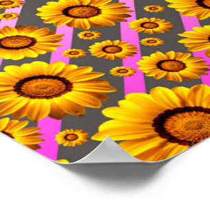Affiche Belles fleurs jaunes sur gris, rayures roses