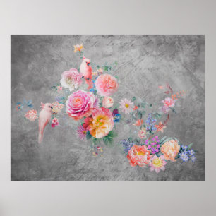 Affiche Belles fleurs multicolores et oiseaux sur concr