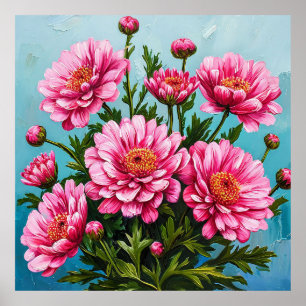 Affiche Belles fleurs roses avec des feuilles vertes