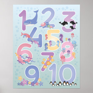 Affiche Belles illustrations d'animaux marins Un-Dix Nombr