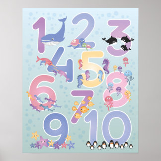 Affiche Belles illustrations d'animaux marins Un-Dix Nombr