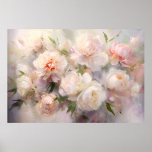 Affiche Belles Peonies Blanches et Roses Peinture à l'Aqua