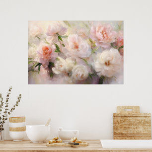 Affiche Belles Peonies Blanches et Roses Peinture à l'Aqua