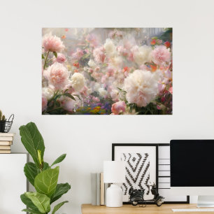 Affiche Belles Pivoines Blanches et Roses Peinture à l'Aqu