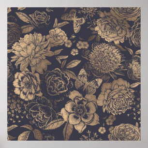 Affiche Belles pivoines de fleurs, roses et papillons.