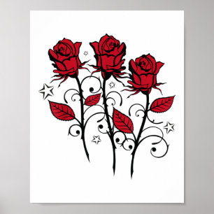 Affiche Belles Roses Rouges Et Feuilles Avec Tatouage Étoi