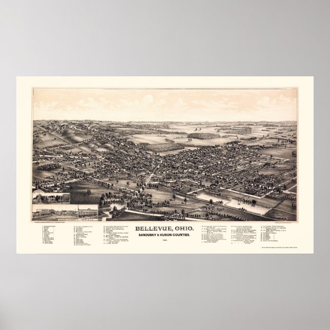 Affiche Bellevue, OH Carte panoramique - 1888 (Devant)