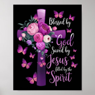 Affiche Béni Par Dieu Sauvé Par Jésus Croix Florale Violet