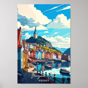 Affiche Bergan Oslo Norvège Art illustration de voyage vin
