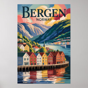 Affiche Bergen Norvège Illustration Art de Voyage Vintage