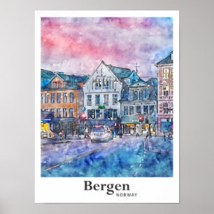 Affiche Bergen Norvège Voyage Aquarelle Croquis Main tirée