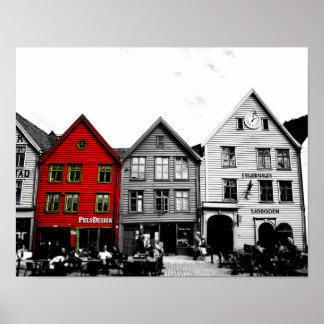 Affiche Bergen Norway Black and White photo with red house