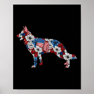 Affiche Berger allemand 4 juillet Fleur drapeau américain