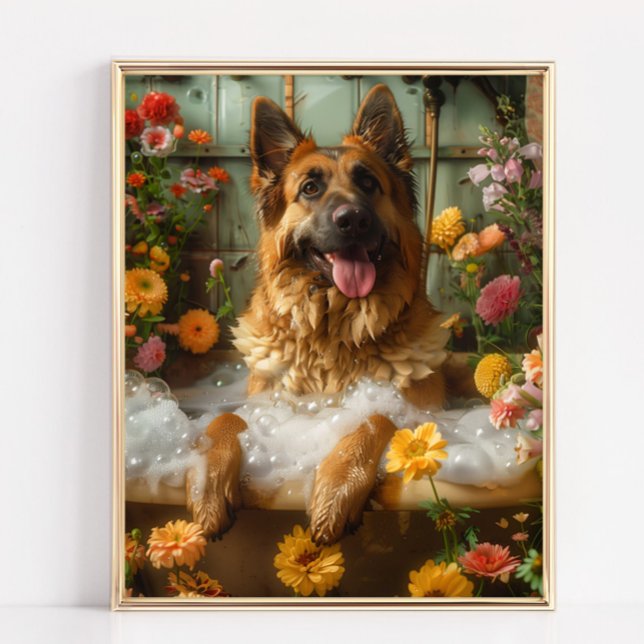 Affiche berger allemand, berger allemand dans la baignoire (German Shepherd Art - German Shepherd enjoying a relaxing bath full of bubbles and beautiful flowers)