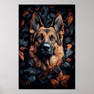 Affiche Berger Allemand dans les feuilles